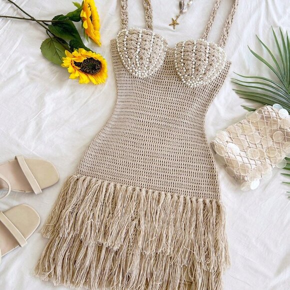 Khaki Boho Women's Sexy Shell Cup Mini Dress - Picture 3 of 8